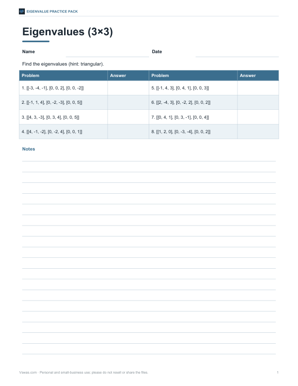 Preview of Printable 3x3 Eigenvalues Worksheet